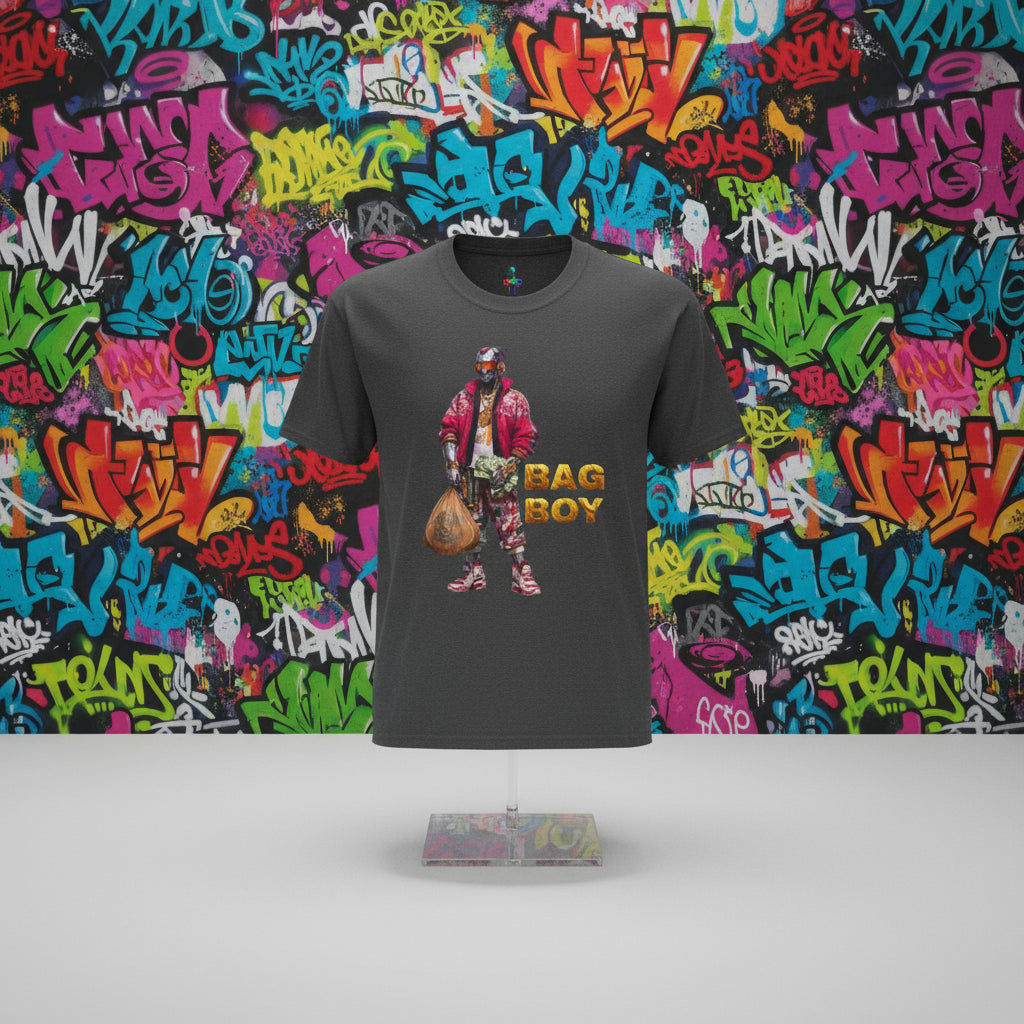 T-shirt with a graphic of a person holding a bag and the text 'Bag Boy' on a gray background