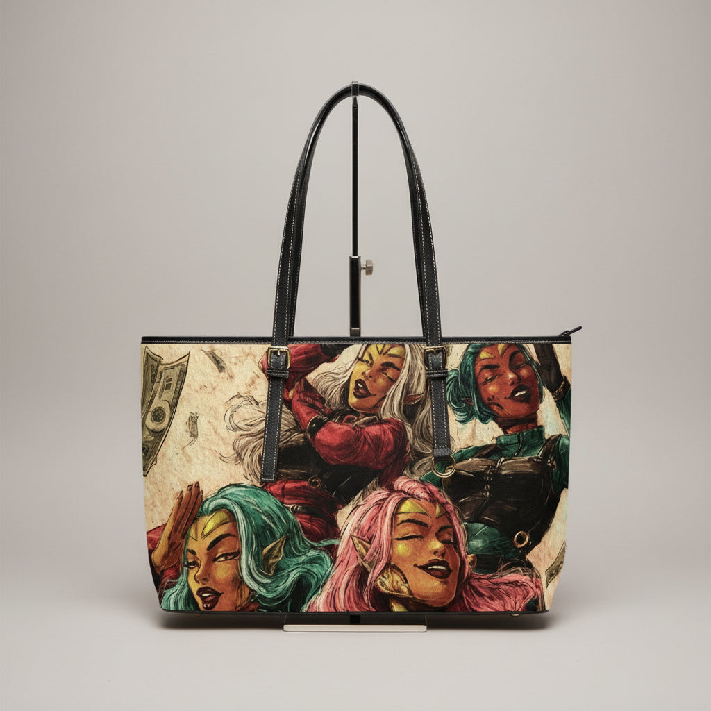 Handbag with colorful character design on a white background