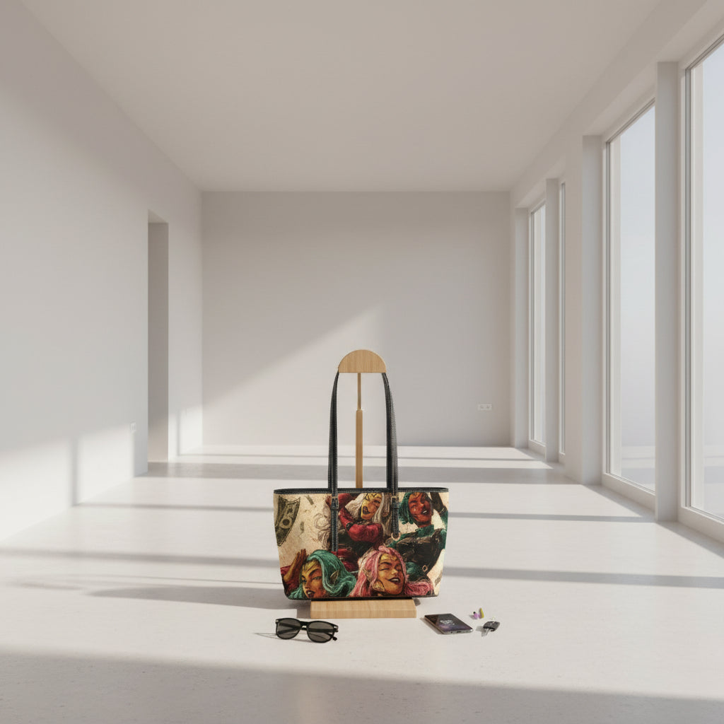 Tote bag with colorful graphic design of faces, surrounded by accessories on a white background