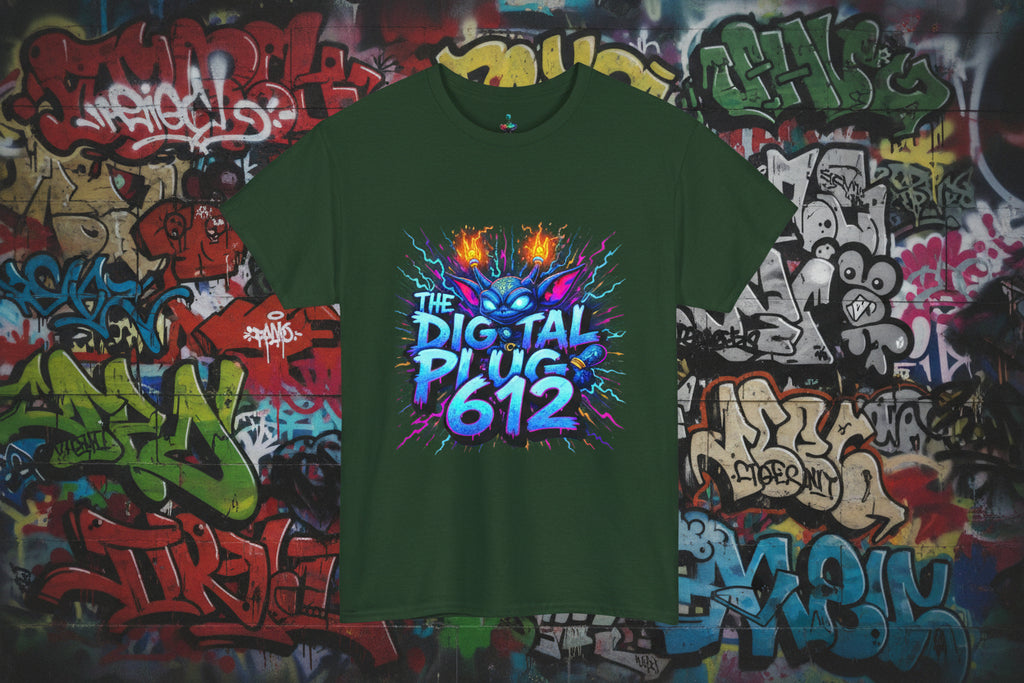 Green t-shirt with colorful graphic design and text on a white background