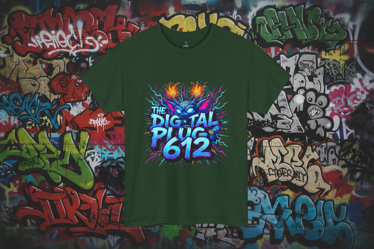 Green t-shirt with colorful graphic design and text on a white background