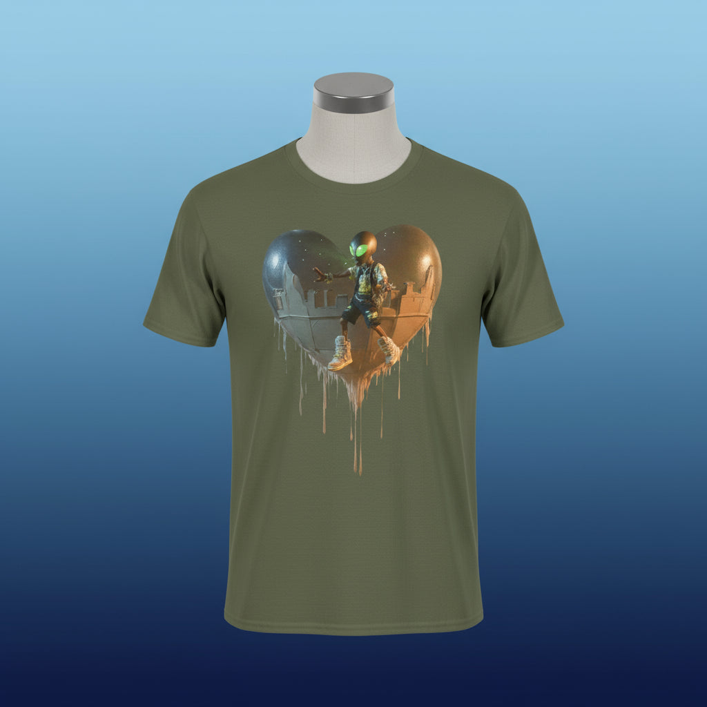 Green t-shirt with a graphic design of an alien on a planet, on a white background