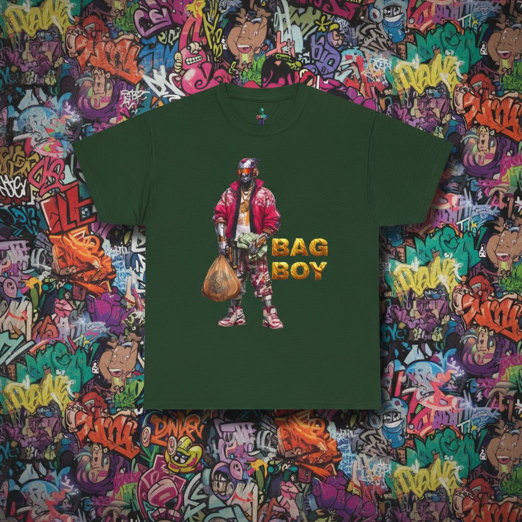 Green t-shirt with a graphic of a person holding a bag and 'BAG BOY' text on a white background