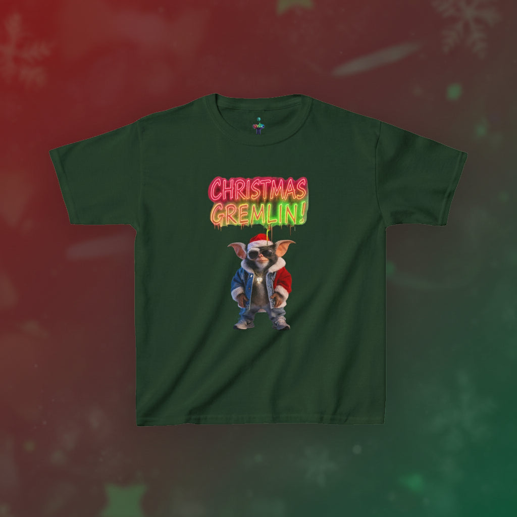 Green t-shirt with a cartoon character and 'Christmas Gremlin' text on a white background