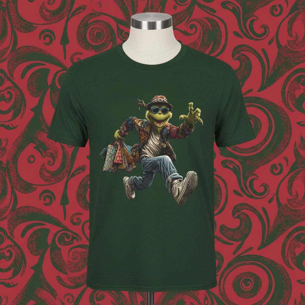 Green t-shirt with a graphic of a character wearing sunglasses and a jacket on a white background