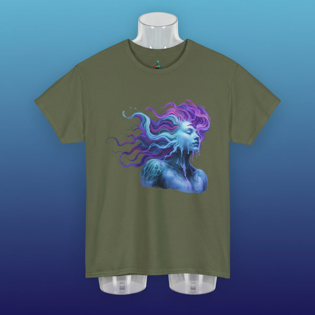 Green t-shirt with a colorful graphic of a woman's face on a white background