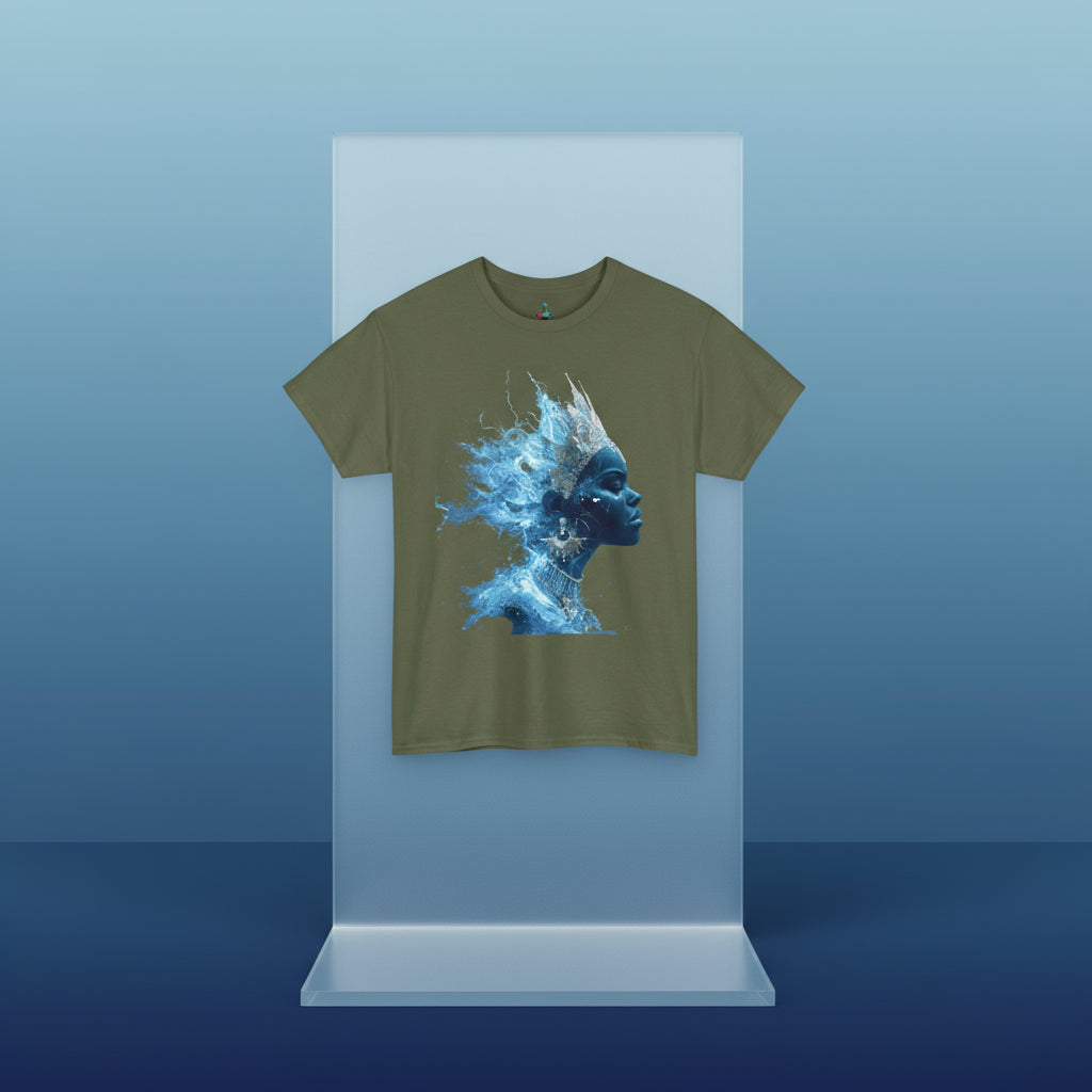 Green t-shirt with a blue and white graphic design on a white background