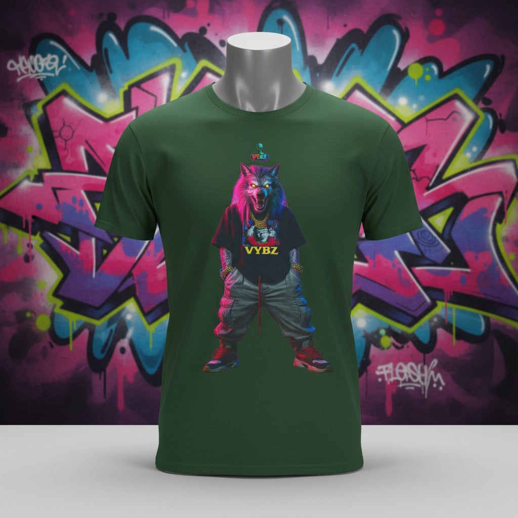 Green t-shirt with a colorful graphic of a wolf and 'VYBZ' text on a white background