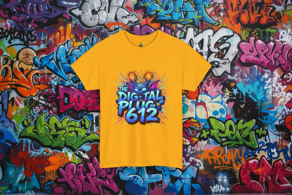 Yellow t-shirt with colorful graphic design and text on a white background