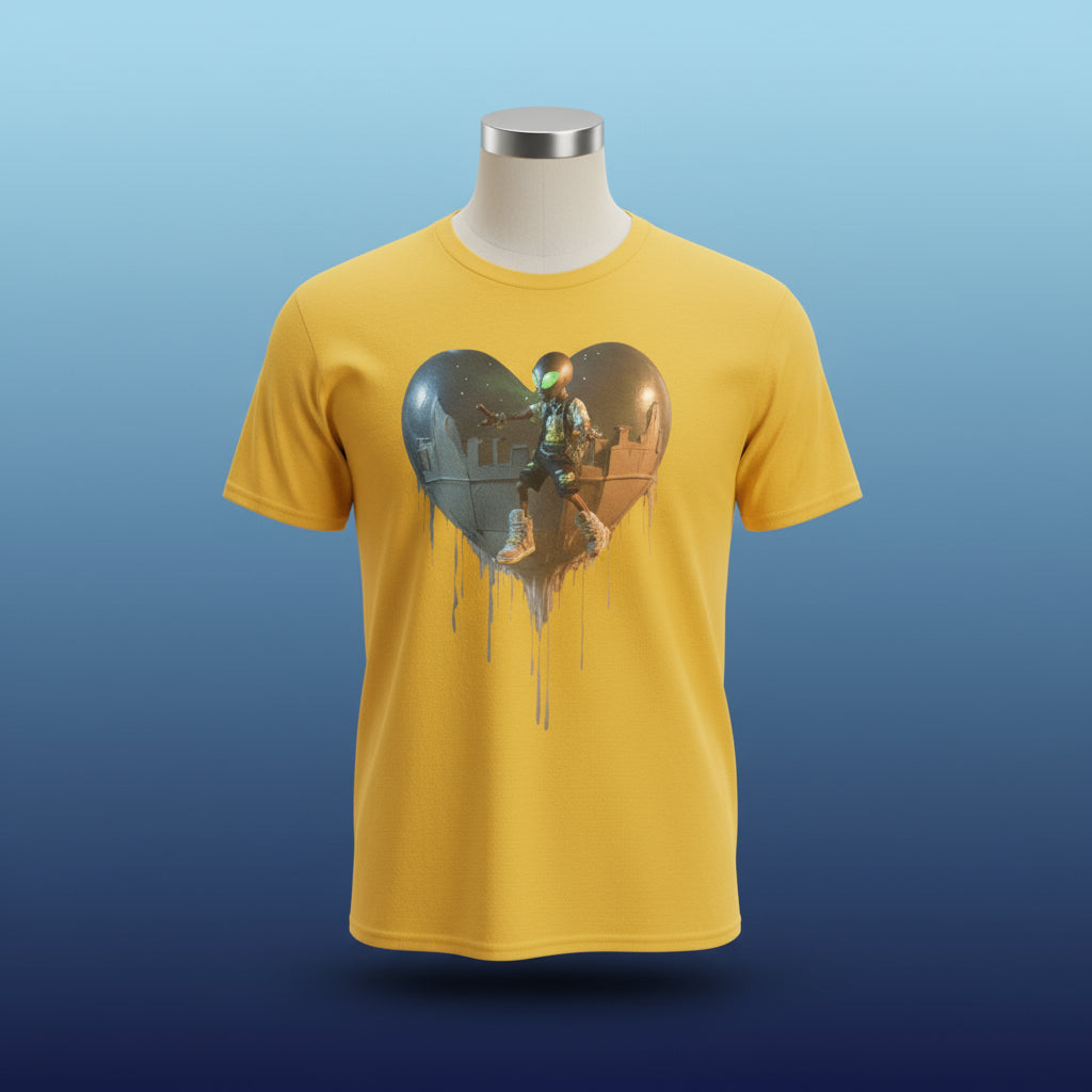Yellow t-shirt with a graphic design of a heart-shaped mirror reflecting a person on a motorcycle.