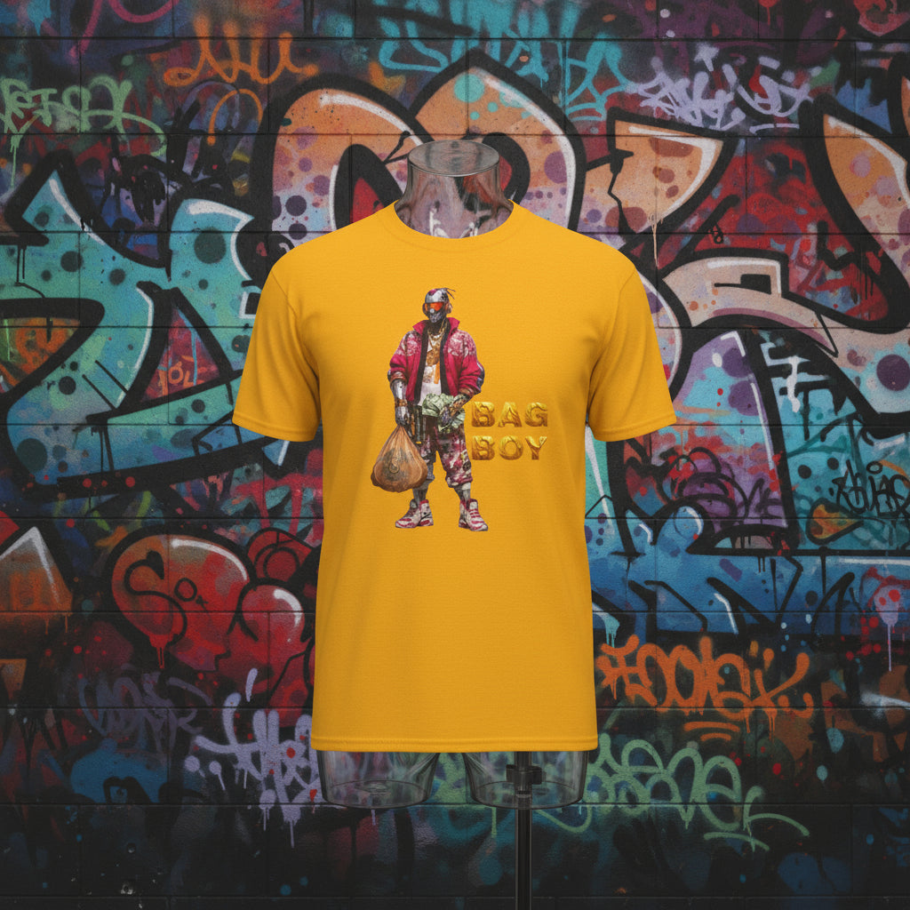 Yellow t-shirt with a graphic of a person holding a bag and the text 'BAG BOY' on a white background.