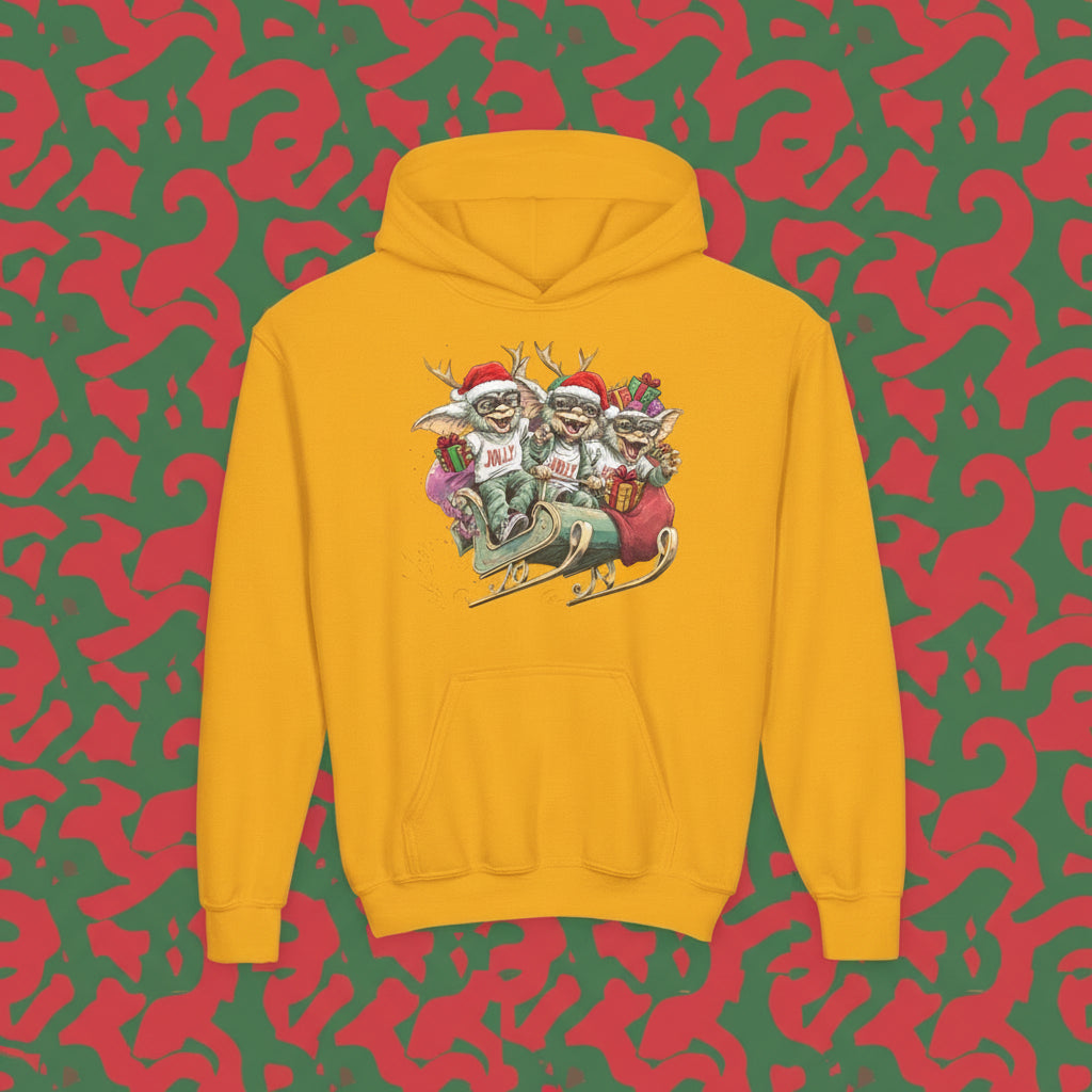 Yellow hoodie with cartoon character design on a white background