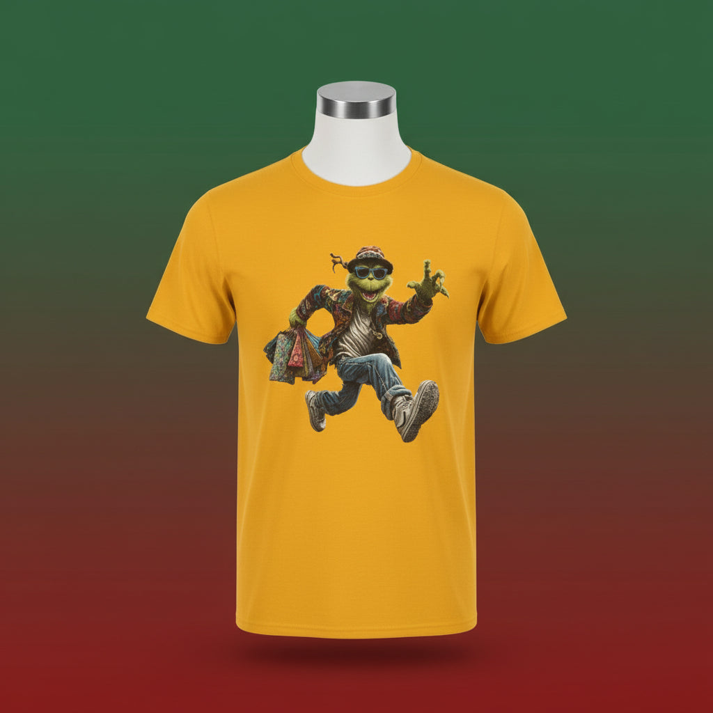 Yellow t-shirt with a graphic of a character in a stylish outfit on a white background