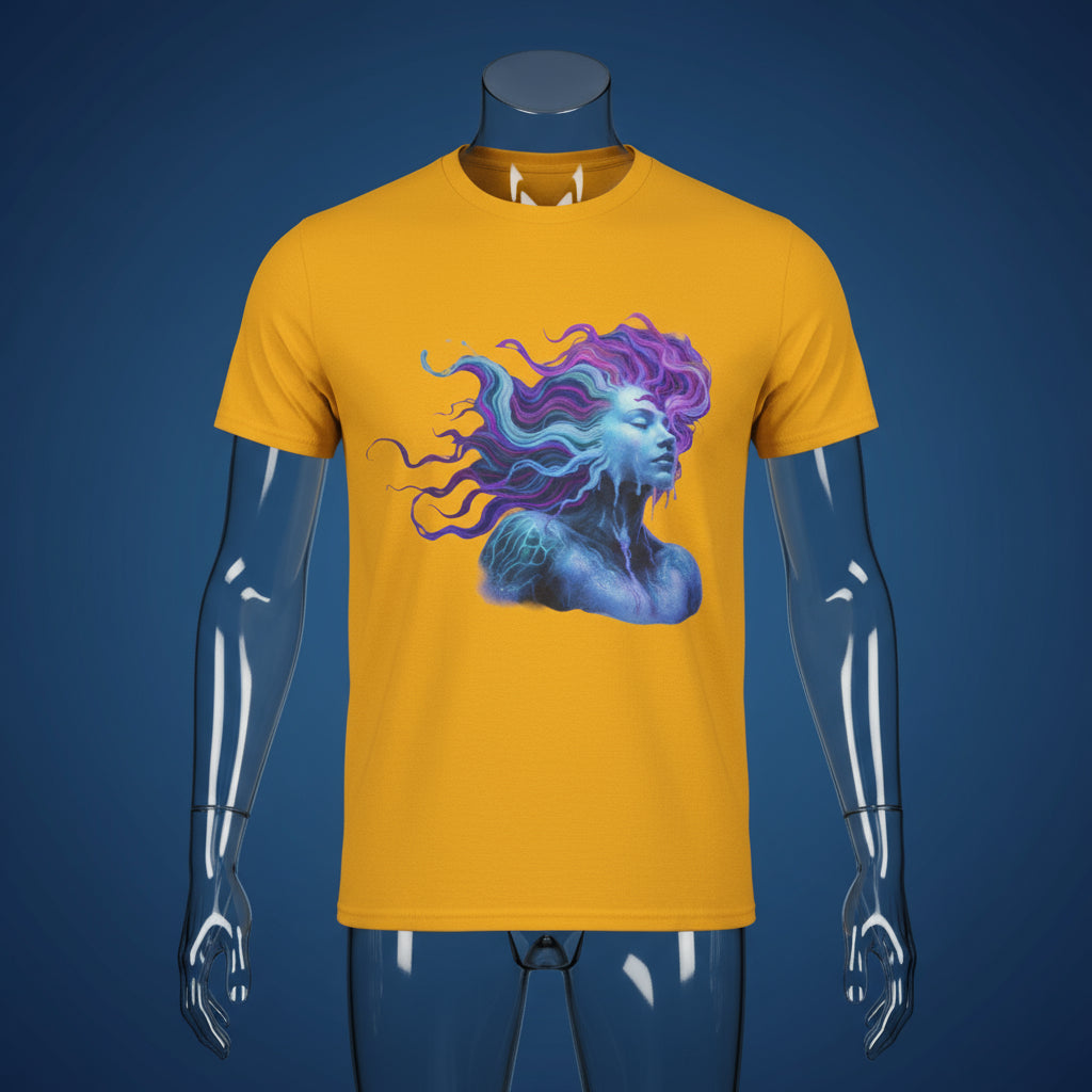 Yellow t-shirt with a blue and purple graphic design on a white background