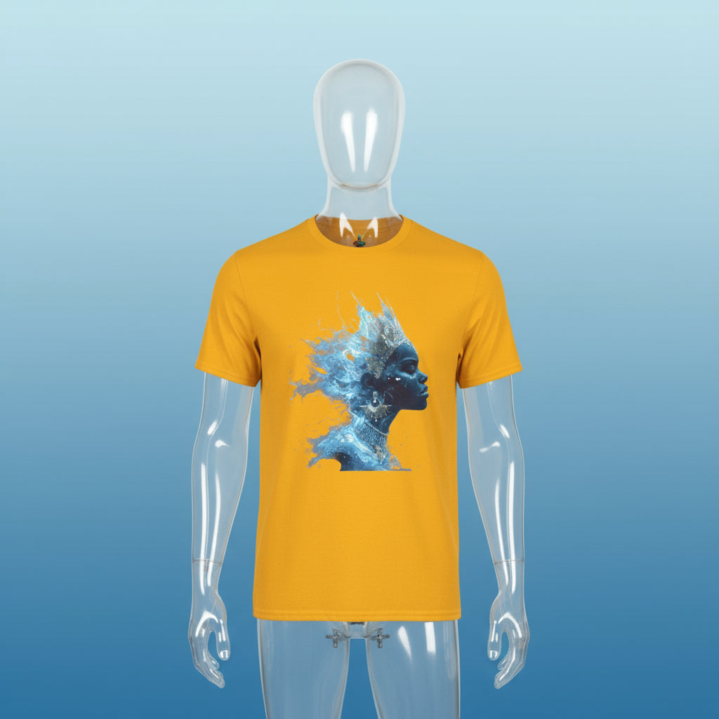 Yellow t-shirt with a blue artistic design of a face on a white background