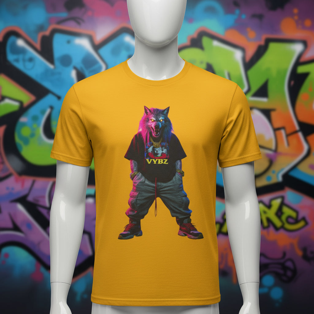 Yellow t-shirt with a graphic of a wolf wearing a black shirt with 'VYBZ' printed on it, on a white background.