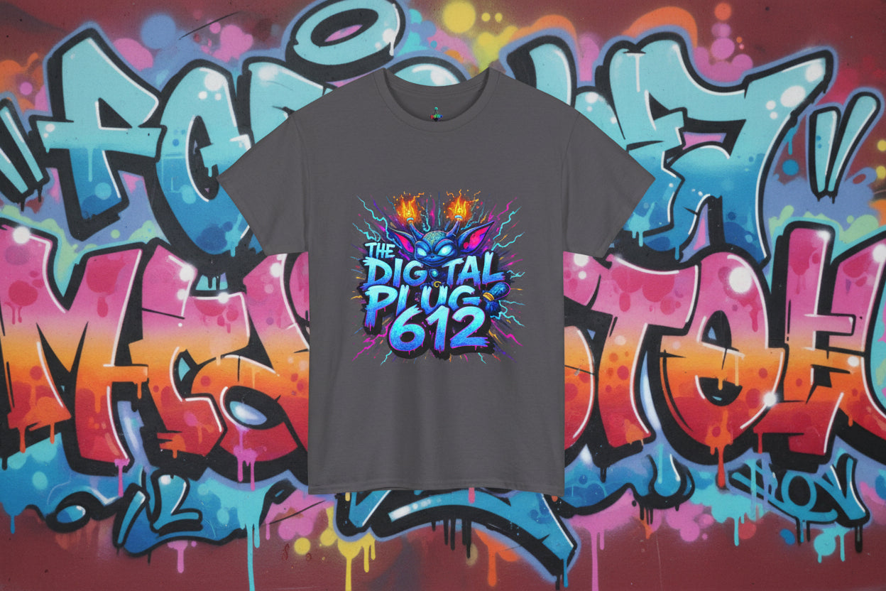 Gray t-shirt with colorful graphic design and text on a white background