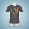 Gray t-shirt with a graphic design of a heart-shaped planet and astronaut on a white background