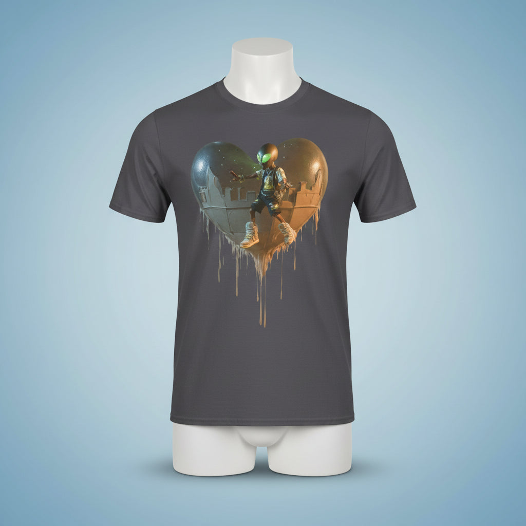 Gray t-shirt with a graphic design of a heart-shaped planet and astronaut on a white background