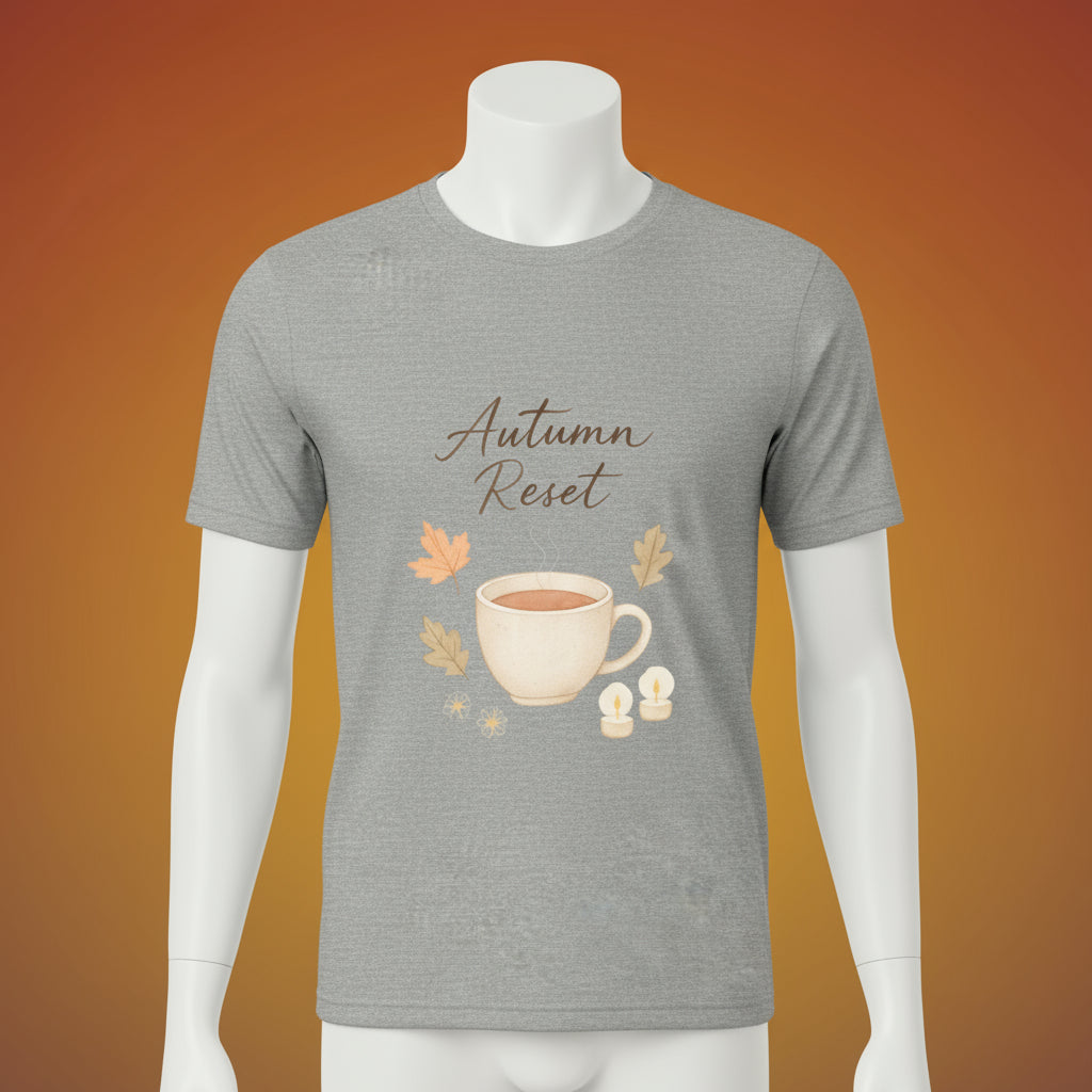 Gray t-shirt with a cup and leaves design on a white background