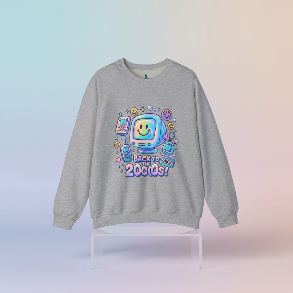 Gray sweatshirt with colorful 'Back to the 2000s!' design on a white background
