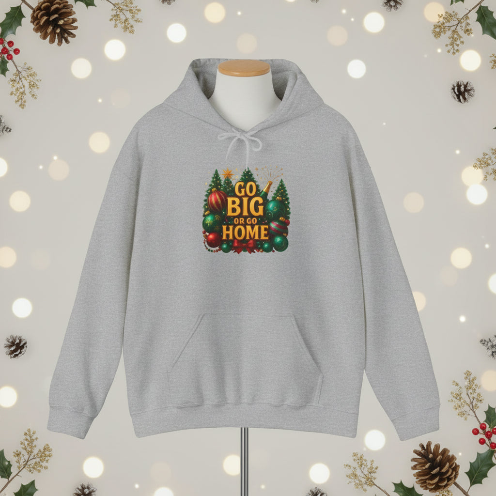 Gray hoodie with a colorful graphic and text on a white background
