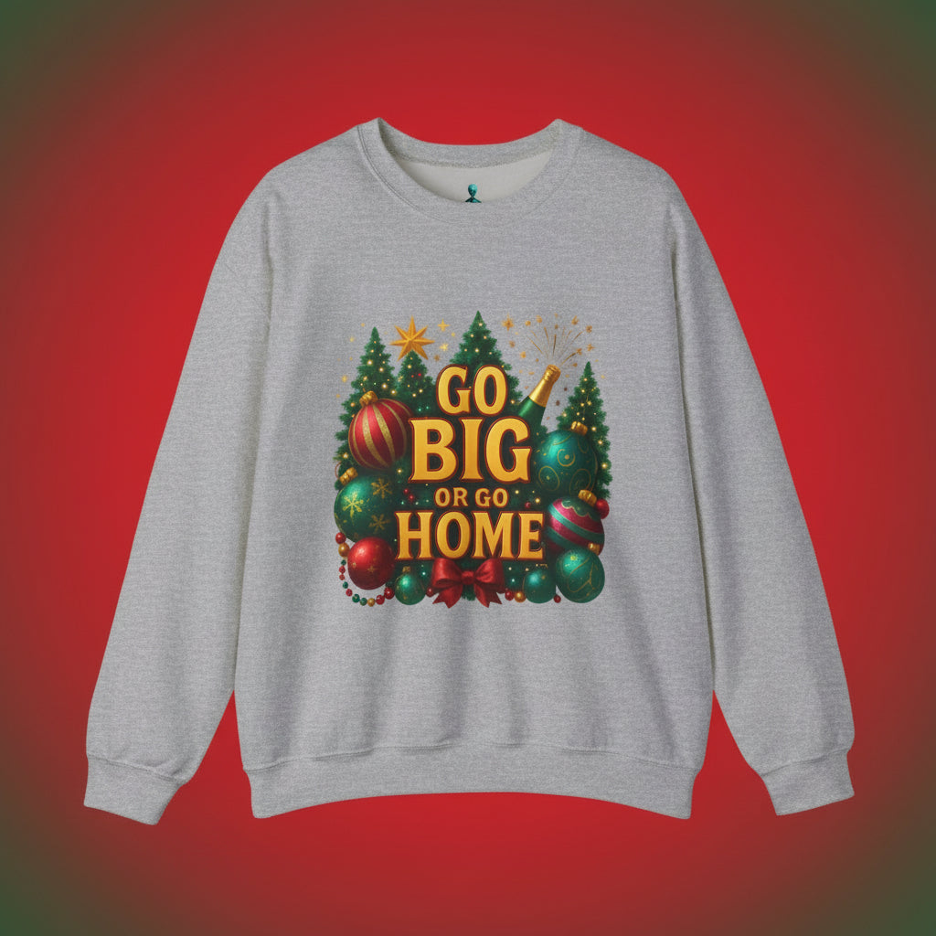 Gray sweatshirt with Christmas-themed graphic and 'Go Big or Go Home' text on a white background