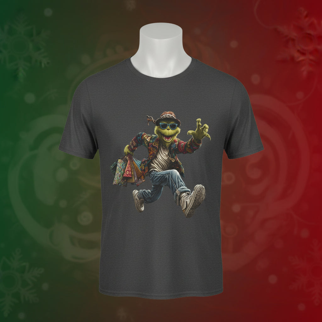 Gray t-shirt with a graphic of a frog character wearing sunglasses and a jacket on a white background