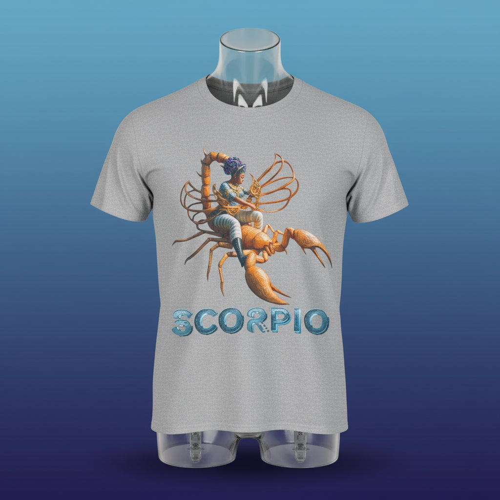 Gray t-shirt with Scorpio zodiac design on a shades of blue background