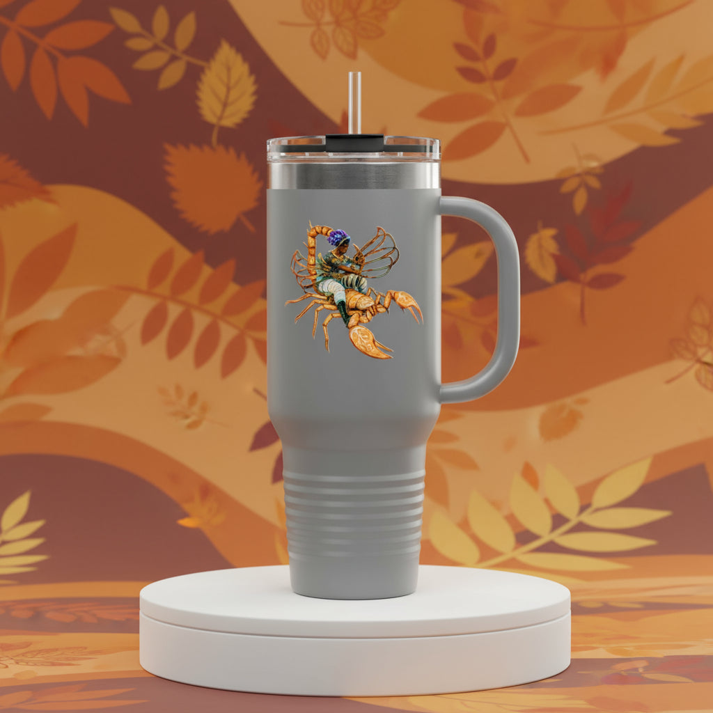 Gray travel mug with a scorpion graphic on a white background