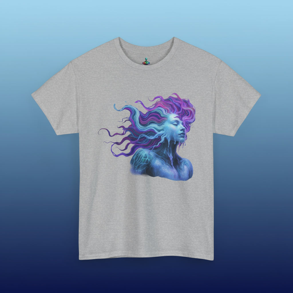 Gray t-shirt with a colorful graphic design on a white background