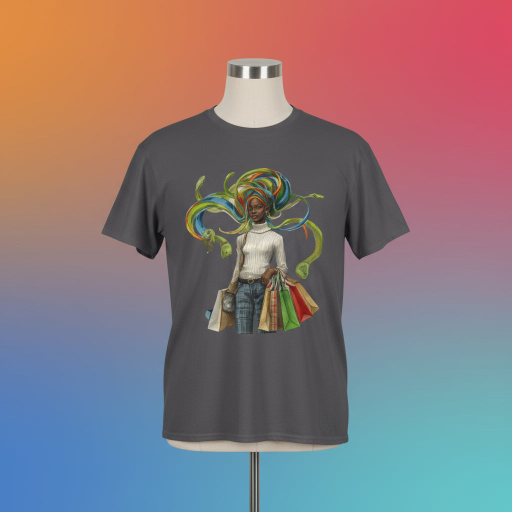 Gray t-shirt with a colorful graphic of a woman with a vibrant headwrap and shopping bags on a white background.