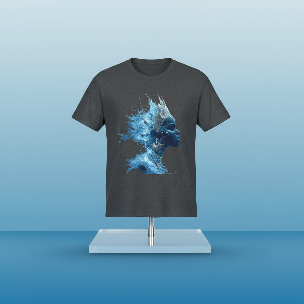 Gray t-shirt with a blue artistic design of a face on a white background