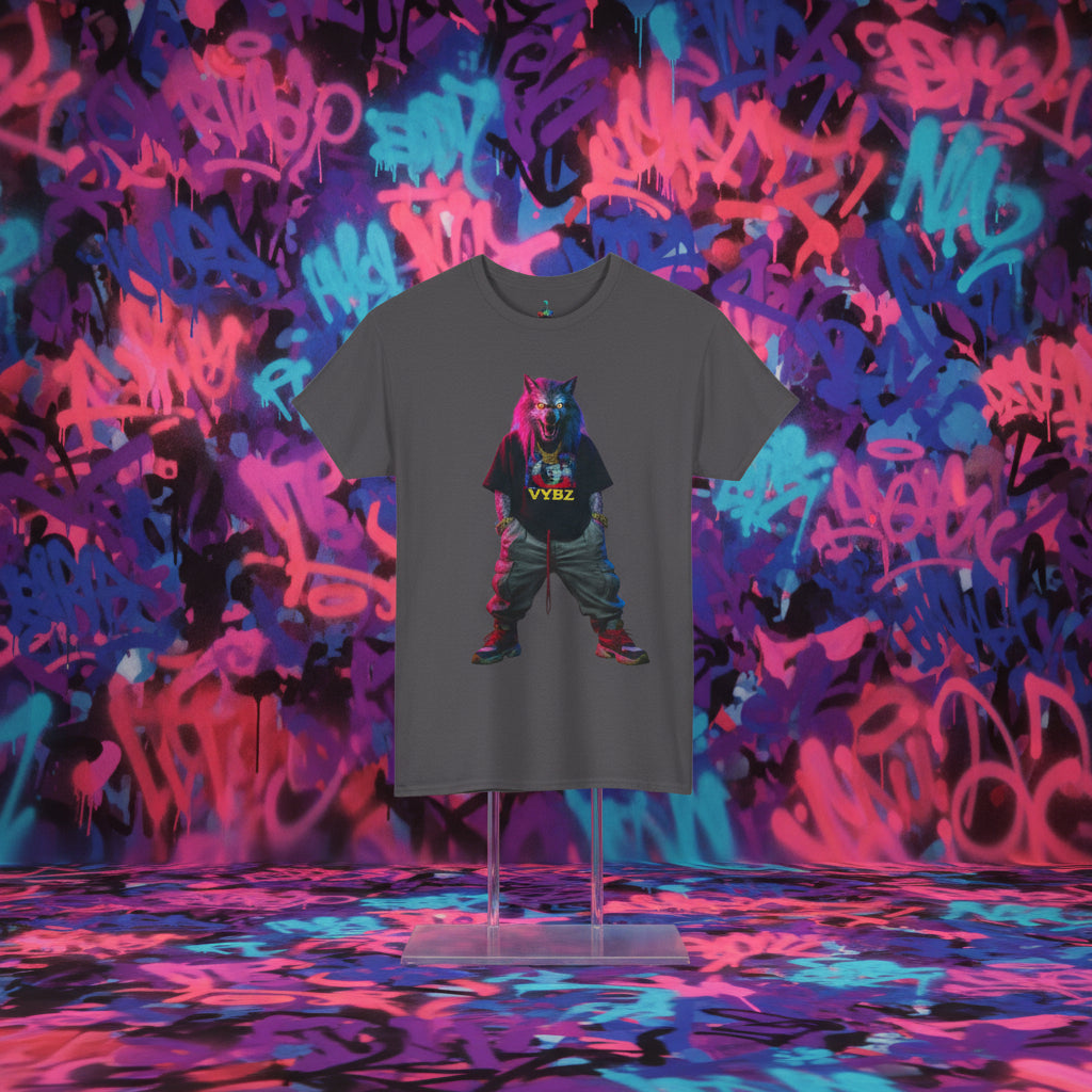 Gray t-shirt with a colorful graphic of a wolf and 'VYBZ' text on a white background