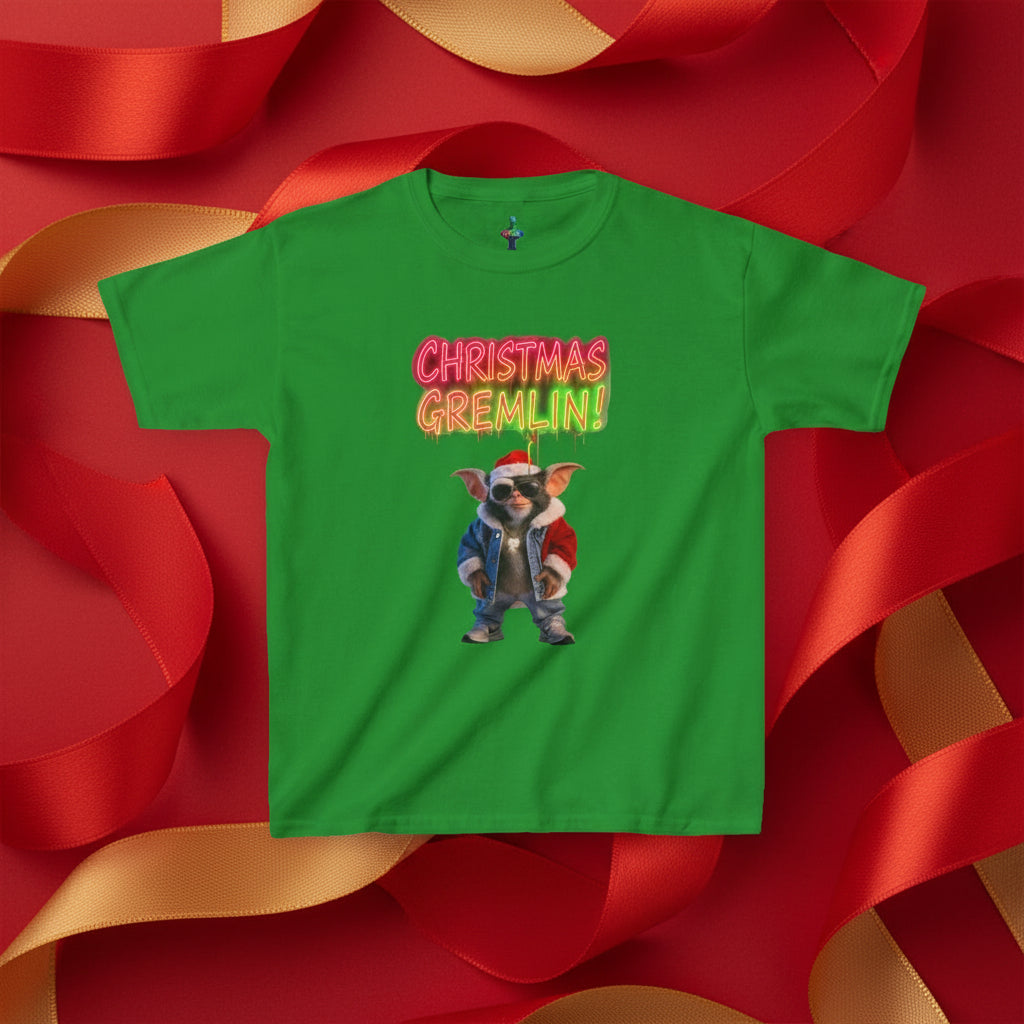 Green t-shirt with a cartoon character and 'Christmas Gremlin' text on a white background