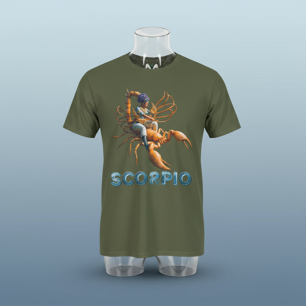 Green t-shirt with a Scorpio zodiac design on a white background