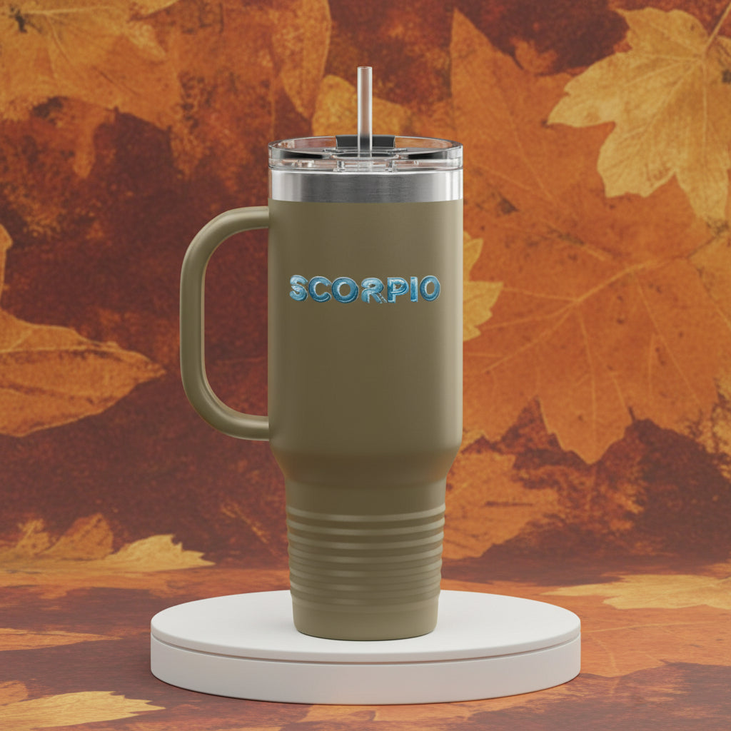 Olive green mug with 'SCORPIO' text on a white background