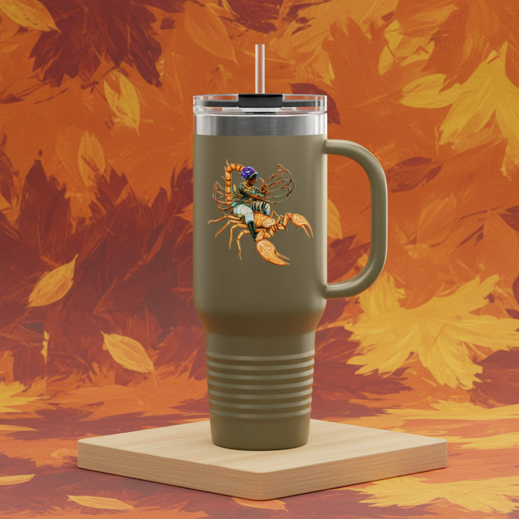 Travel mug with a zodiac design on a white background