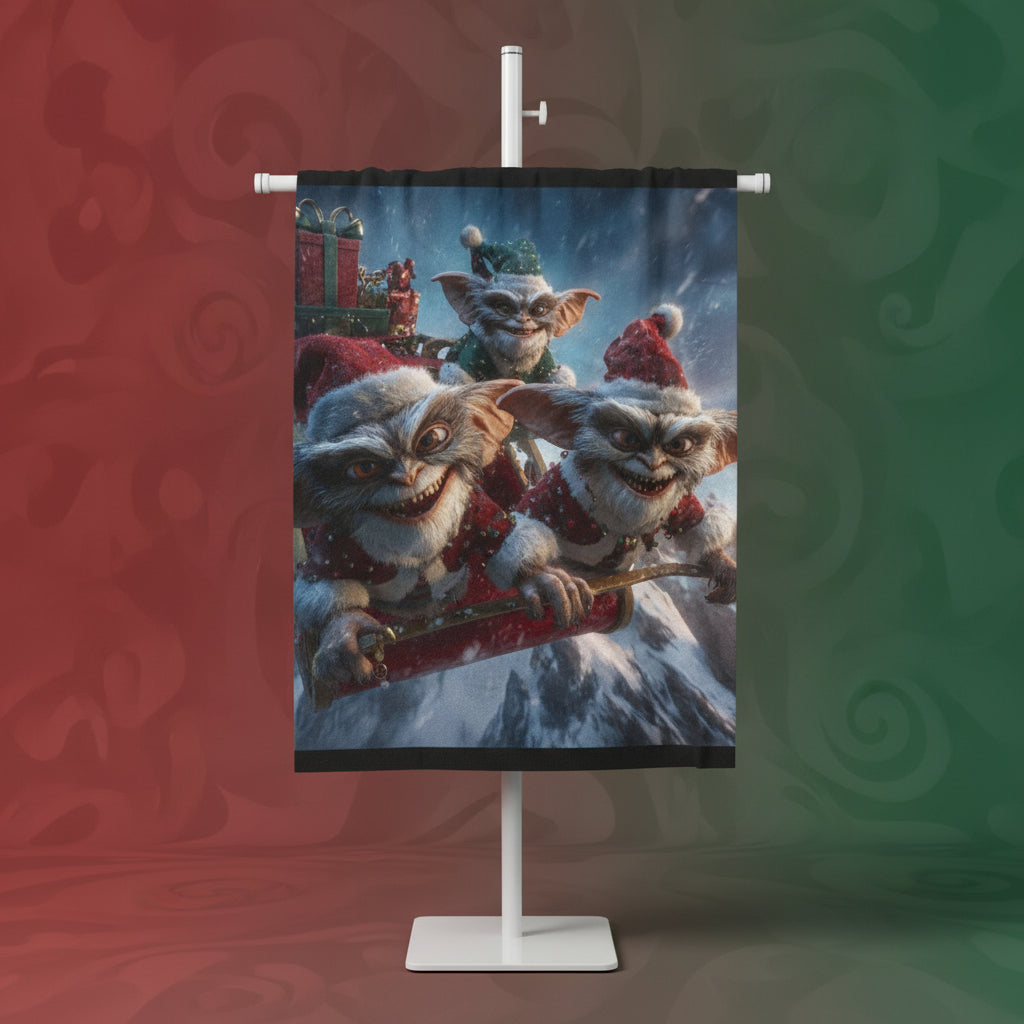 Festive blanket with cartoon characters in holiday attire on a snowy mountain background