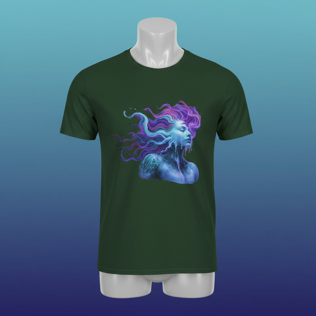 Green t-shirt with a blue and purple graphic design on a white background