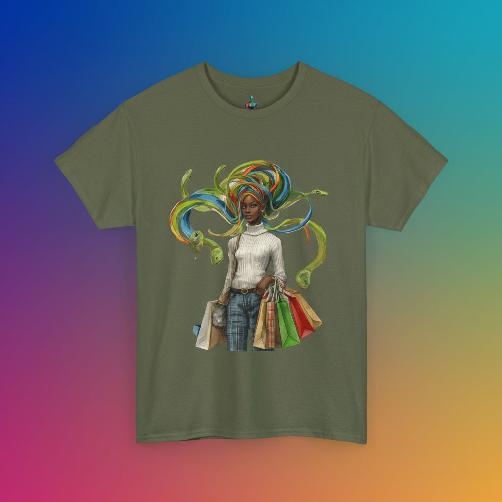 Green t-shirt with a colorful graphic of a woman with a headwrap and shopping bags on a white background