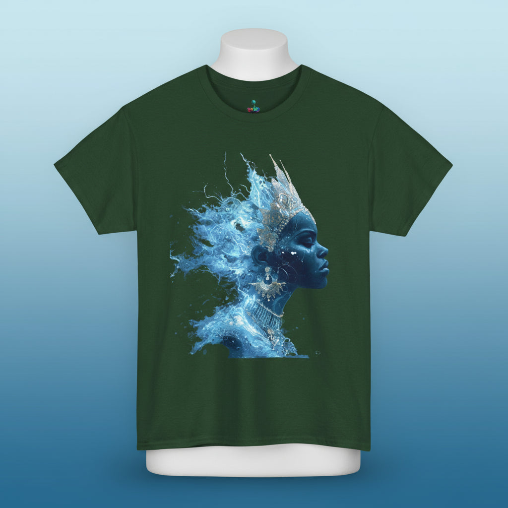 Green t-shirt with a blue and white graphic design on a white background