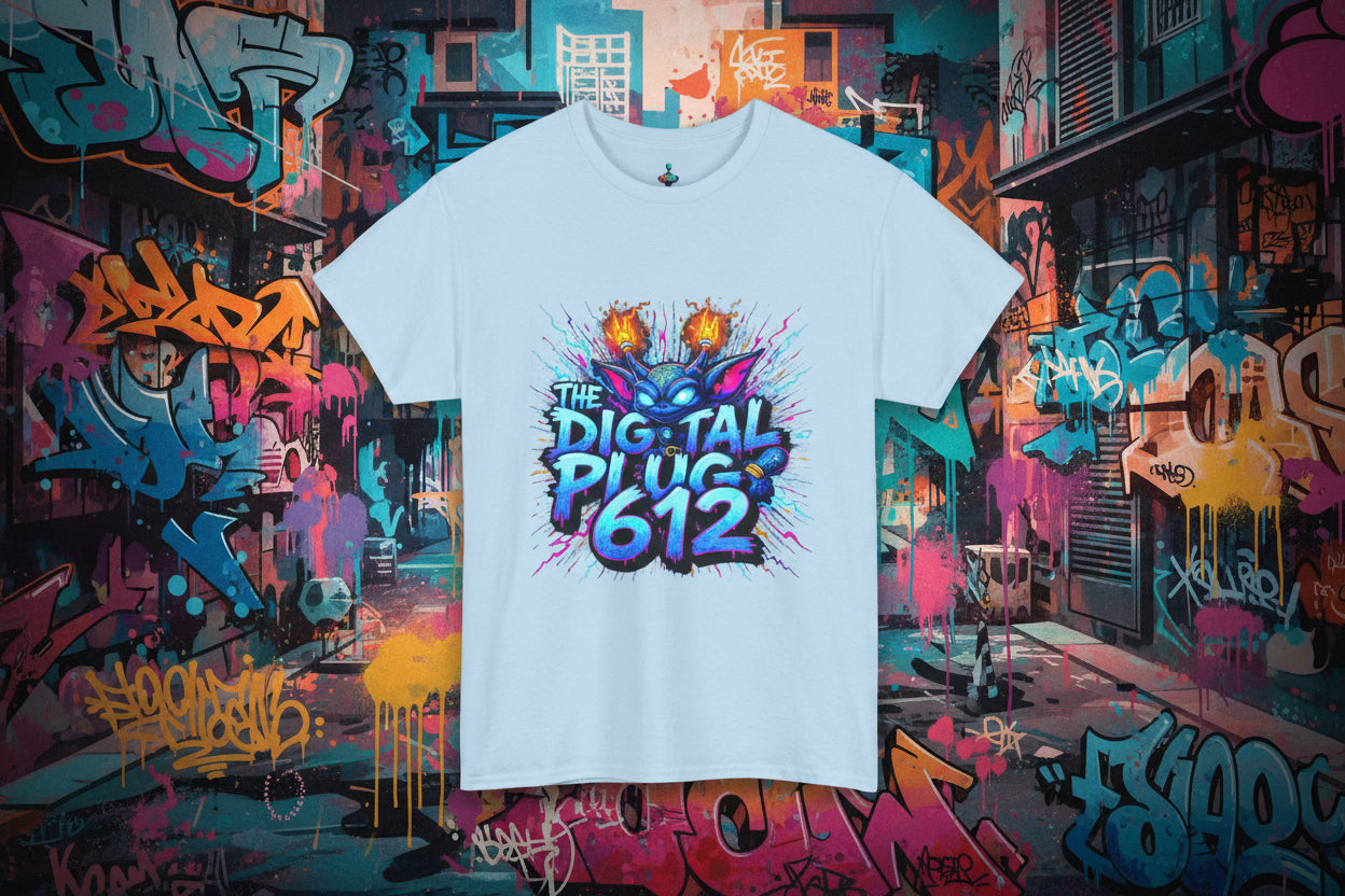 Light blue t-shirt with colorful graphic design and text on a white background