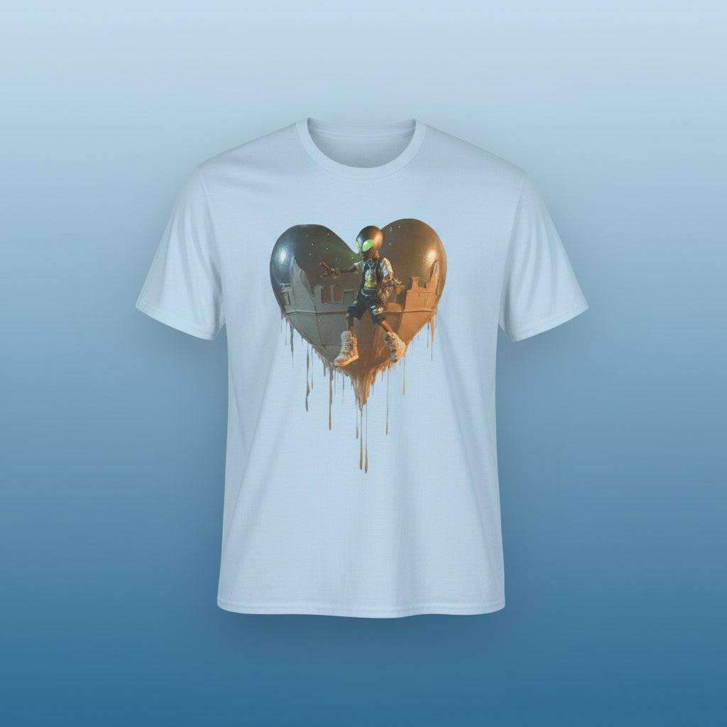 Light blue t-shirt with a graphic design of a heart and a person on a white background