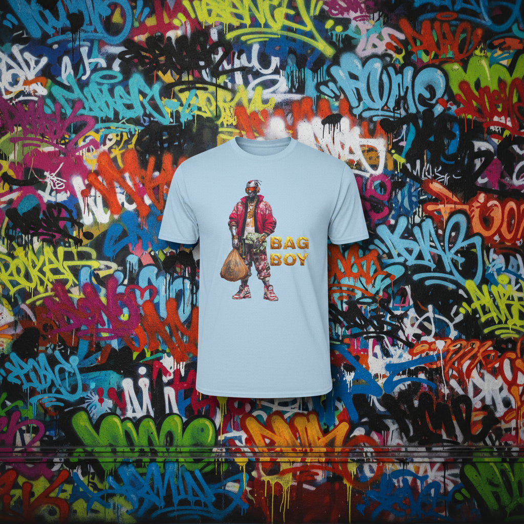 Light blue t-shirt with a graphic of a person holding a bag and the text 'BAG BOY' on a white background.