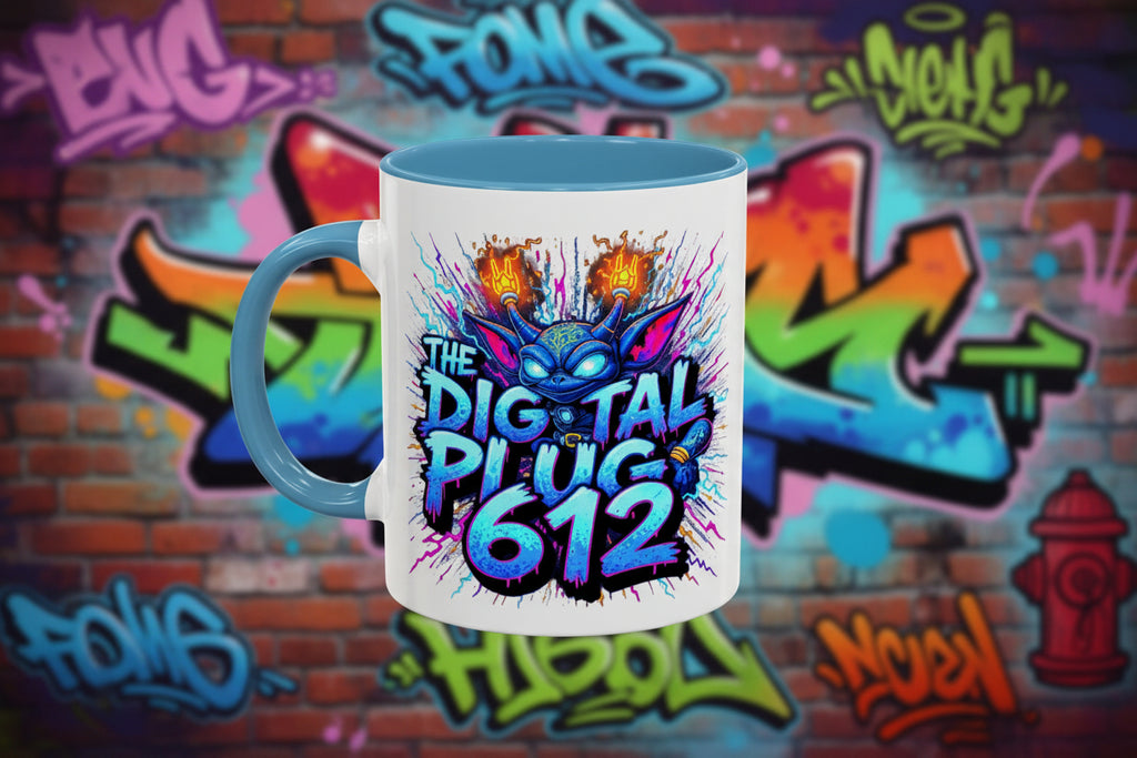 Mug with colorful design and text on a white background