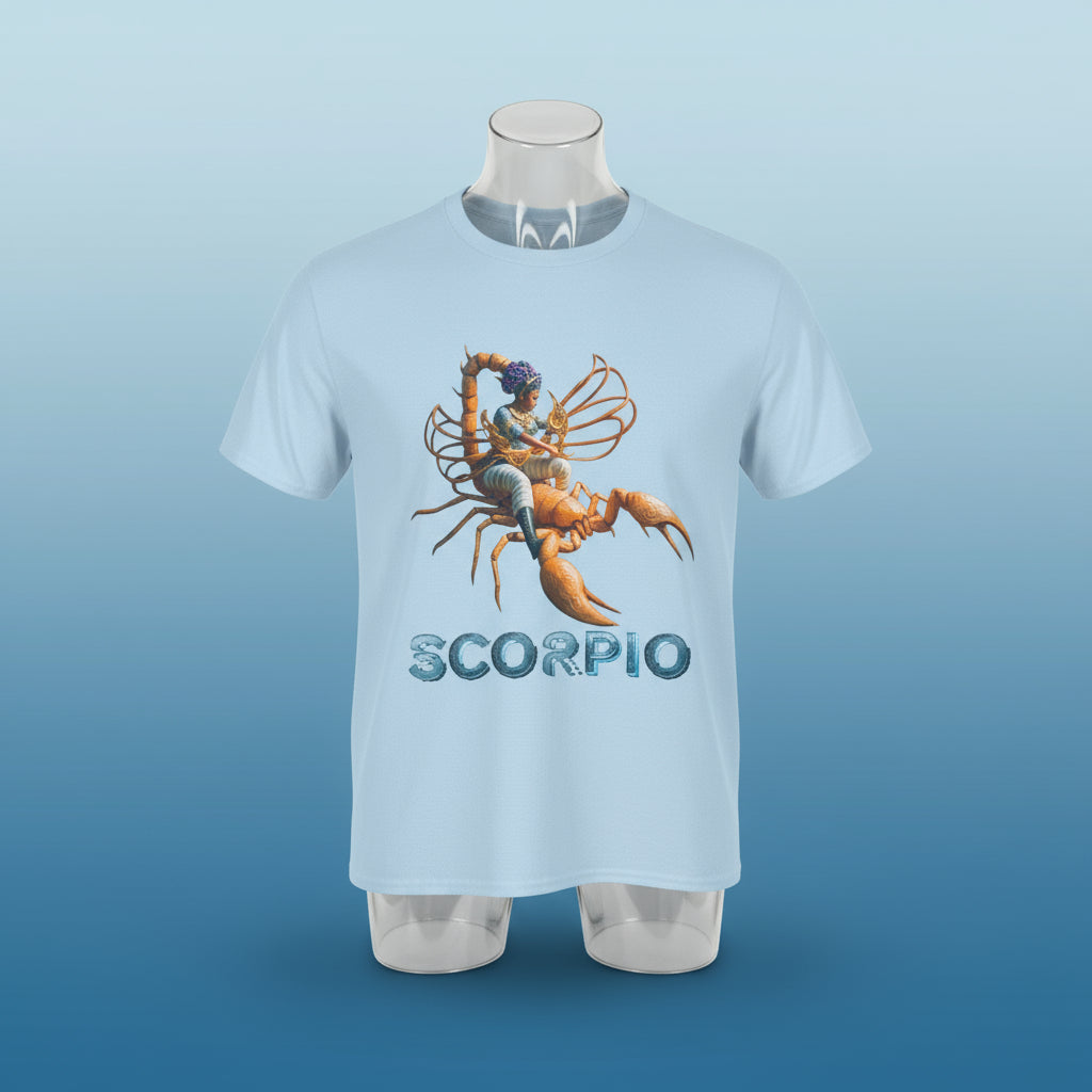 Light blue t-shirt with Scorpio zodiac design on a white background