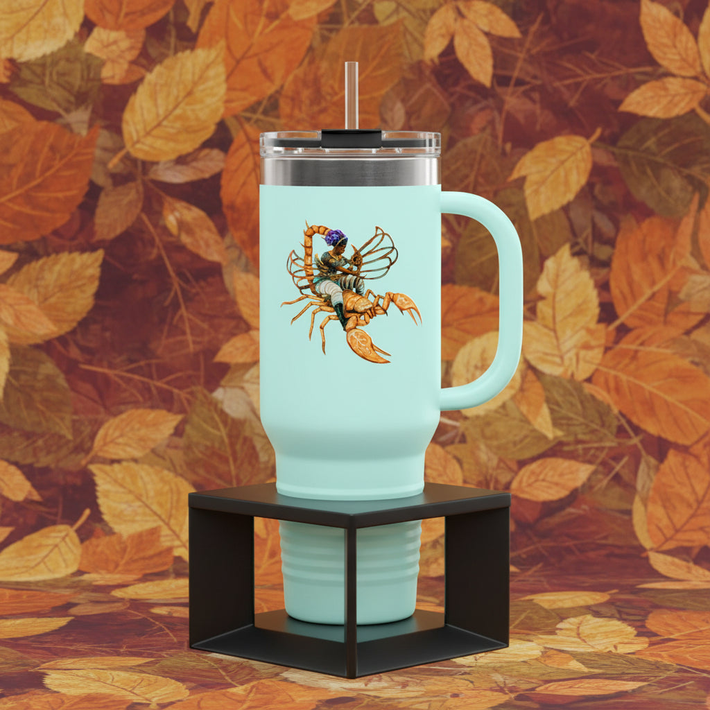 Light blue tumbler with a scorpion design on a white background