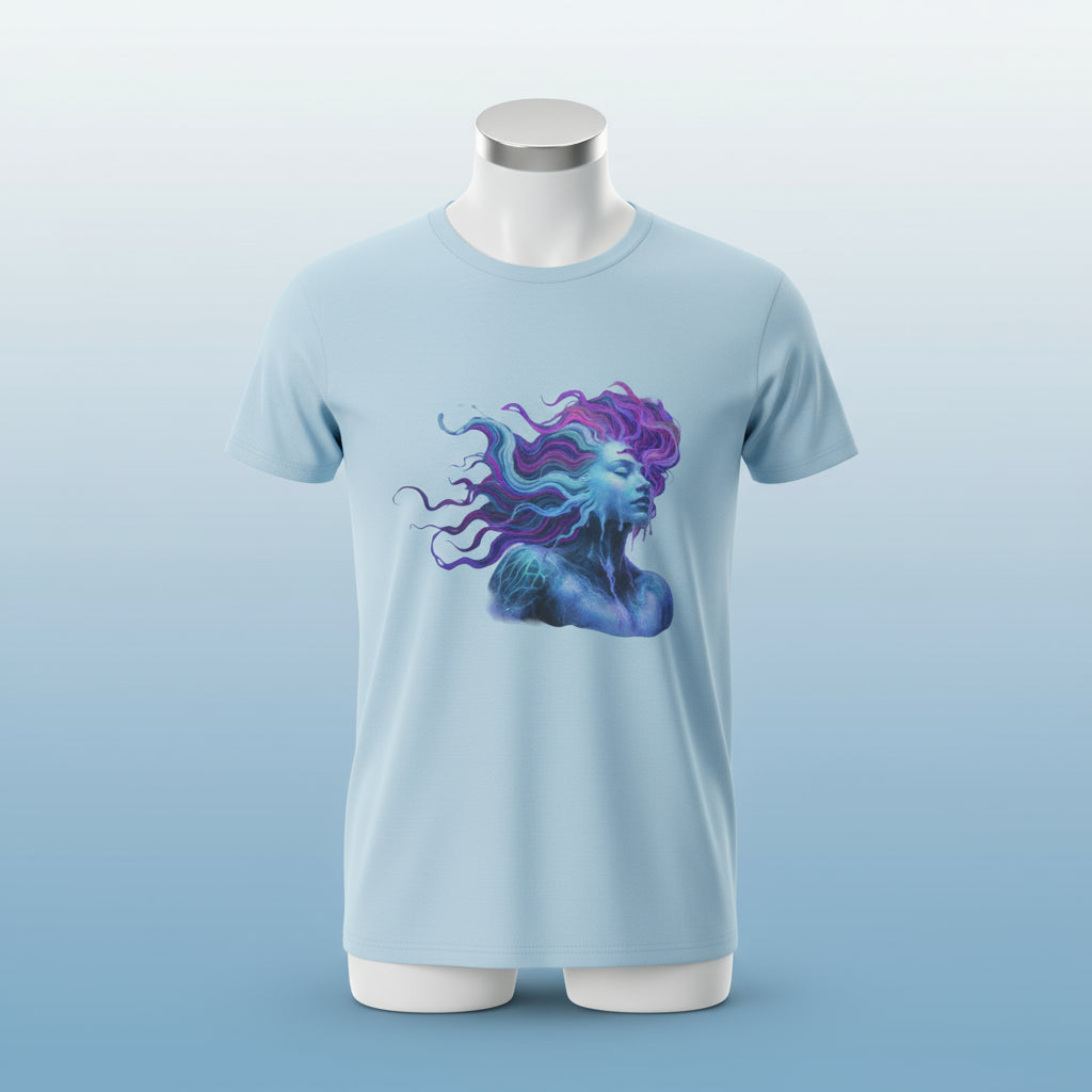 Light blue t-shirt with a mermaid design on a white background
