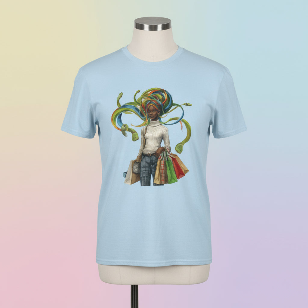 Light blue t-shirt with a colorful graphic of a woman and shopping bags on a white background